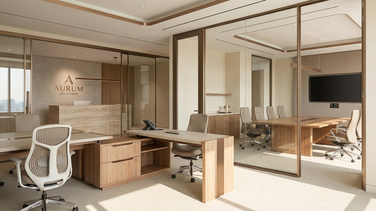 Complete corporate office fit-out showing workstations, partitions, and reception area