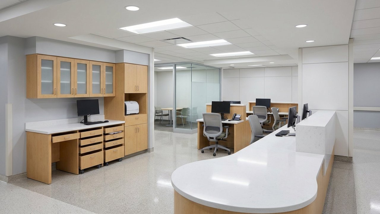 Hospital nursing station with custom-built casework and clinical storage solutions
