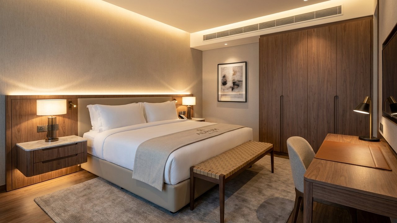 Hotel guestroom featuring factory-manufactured casegoods including bedside unit, desk and wardrobe