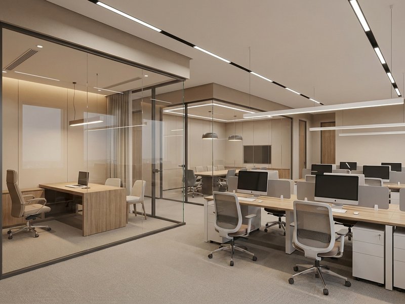 Corporate office interior segment showing workstations, executive cabin and meeting room