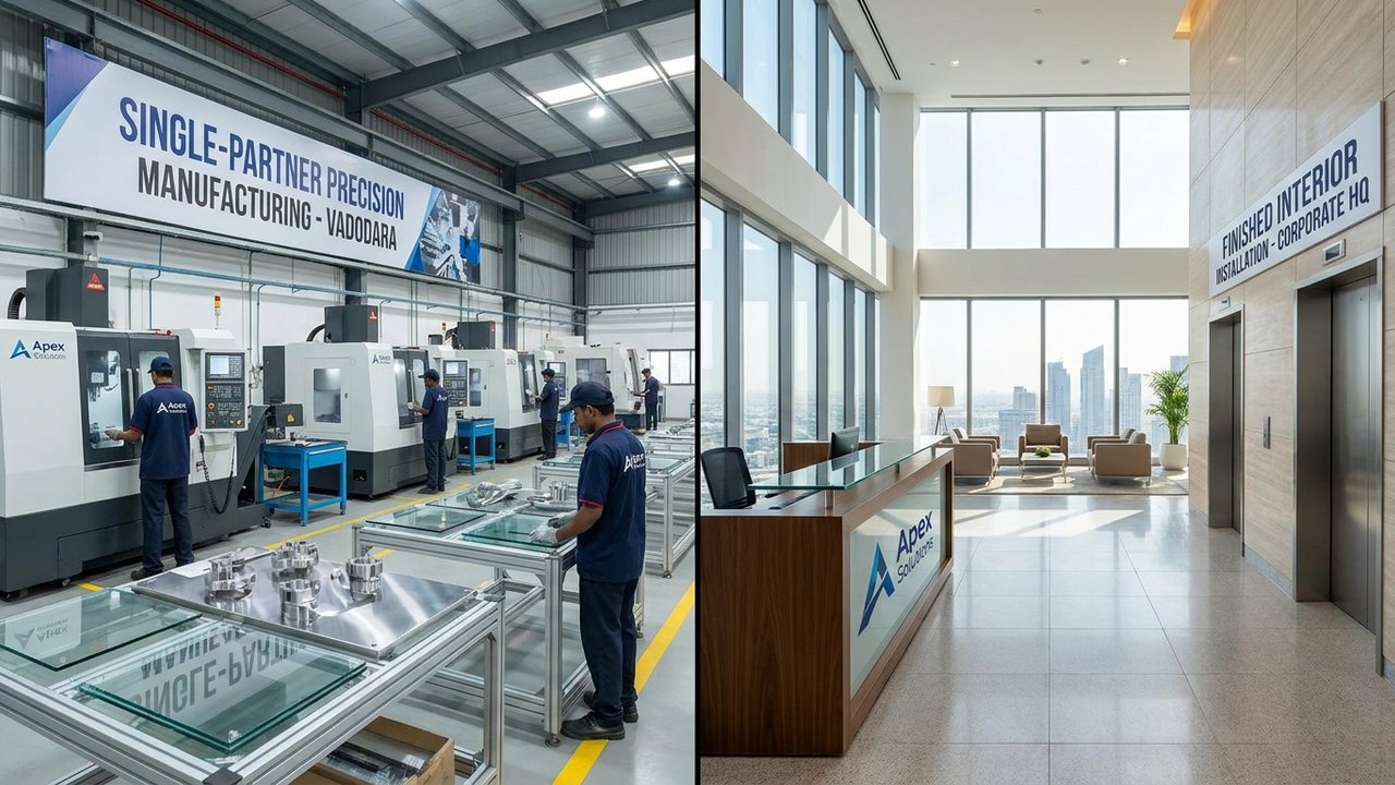 SMK Modulars manufacturing facility alongside completed commercial interior representing single-partner delivery