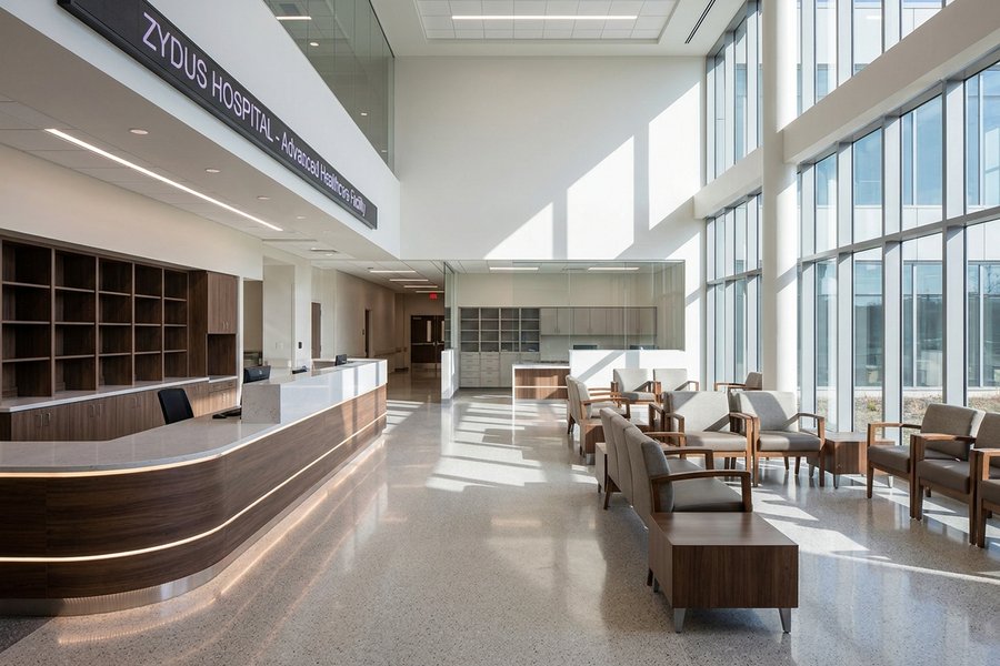 Zydus Hospital interior showing reception area, waiting room furniture and custom casework